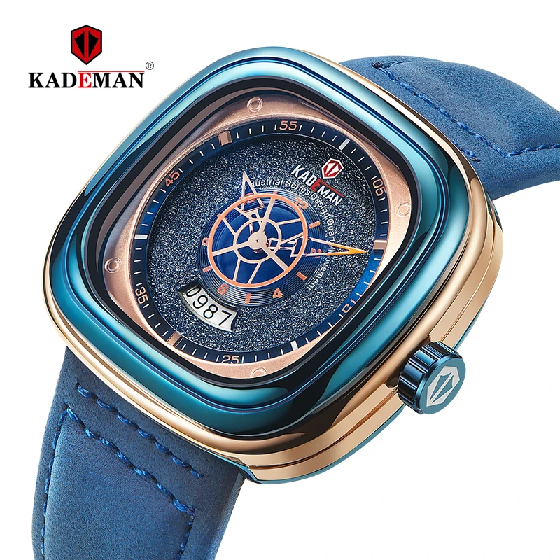 KADEMAN, мужские часы, квадратный дизайн, спортивные часы 3TAM, модные кожаные Наручные часы, новые, деловые, повседневные, кварцевые, Relogio Masculino 9030