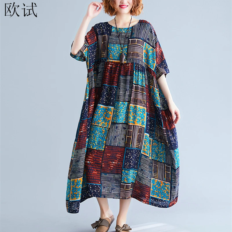 Plus Size Cotton Plaid Floral Dress Women Long Summer Vintage Retro Ladies Dresses Midi Vestito Donna Sommerkleid 2019 Jurk Robe