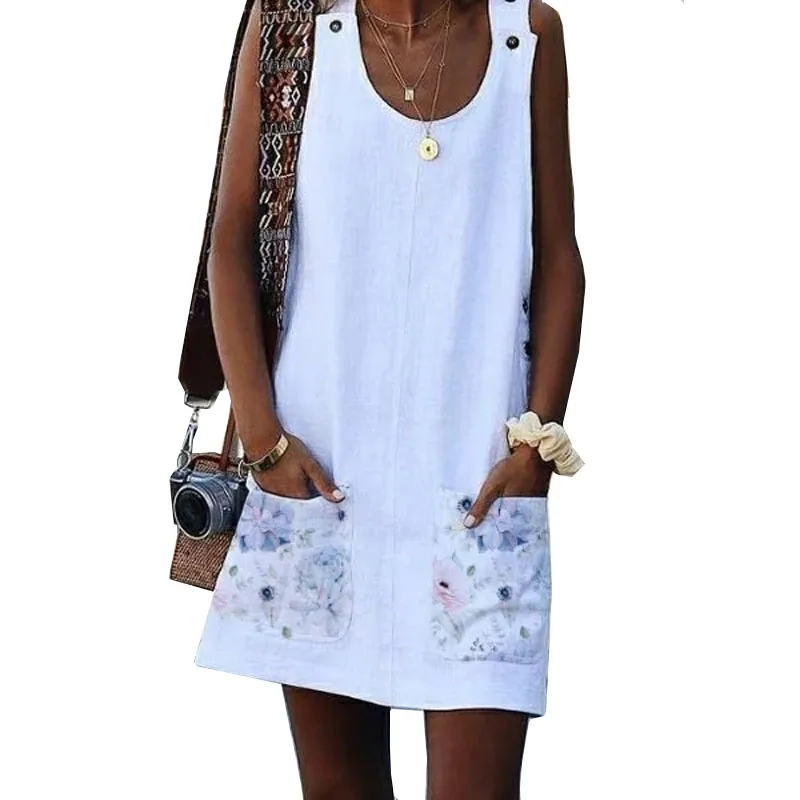 Летнее женское платье Бохо Принт без рукавов Туника пляжное платье сарафан с карманами черное белое платье хлопок лен размера плюс 5XL