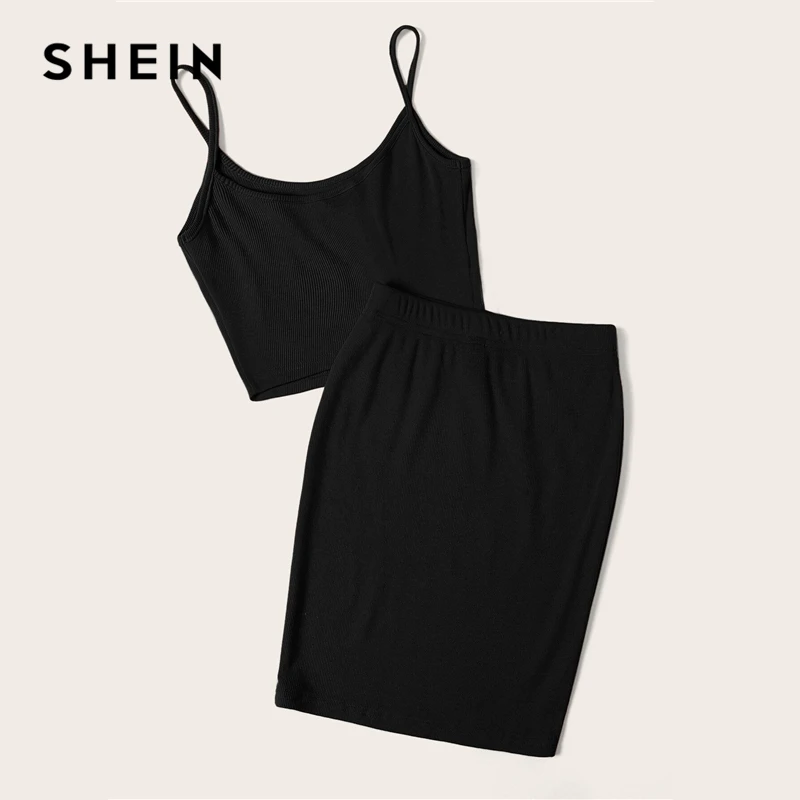 SHEIN неоновый ребристый ТРИКОТАЖНЫЙ УКОРОЧЕННЫЙ ТОП на бретельках и узкая юбка, сексуальный однотонный комплект без рукавов из 2 предметов, Женский комплект на бретельках