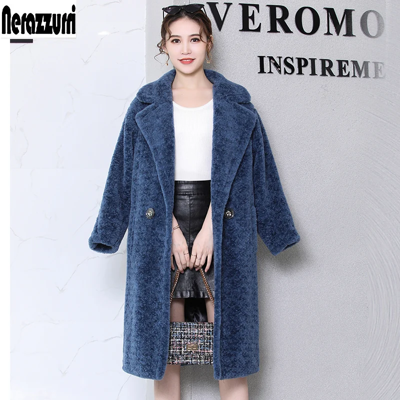 

Nerazzurri Luxury brand real fur teddy coat women winter warm Double Breasted natural fur coats loose oversized sheep fur jacket