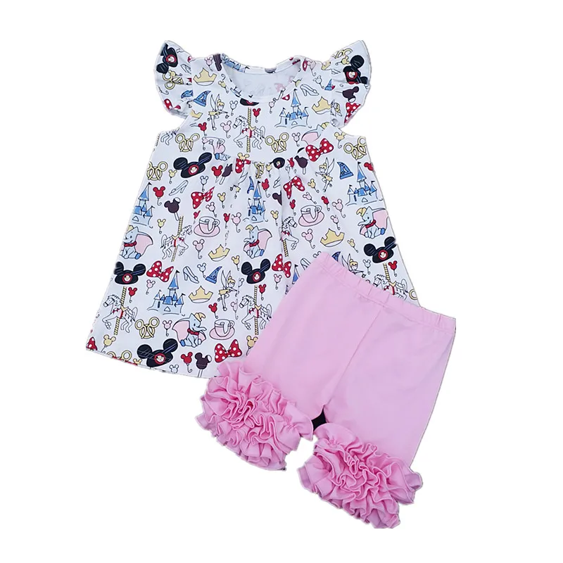 

Summer Girls 100% Cotton Outfits Mouse Printed Clothing Set High Quality Soft Cotton Pearl Top Pink Ruffle Short For Girls Party