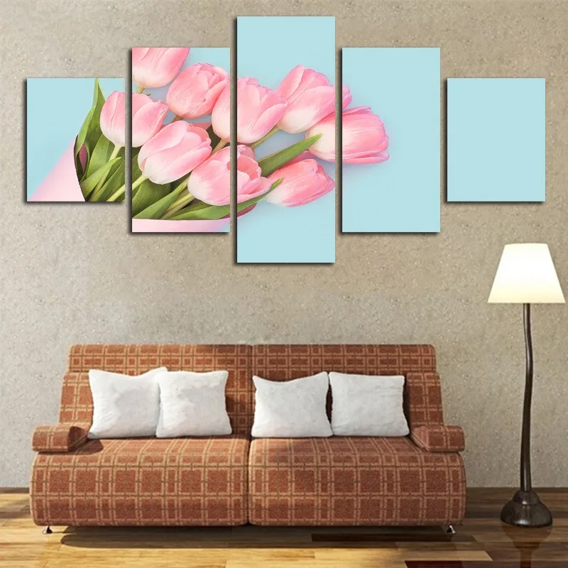 

Pink Tulis Valentine's Best Gift Home Decor 5 Panels Wall Painting Unframed Poster HD Printing Room Decoration Canvas Art