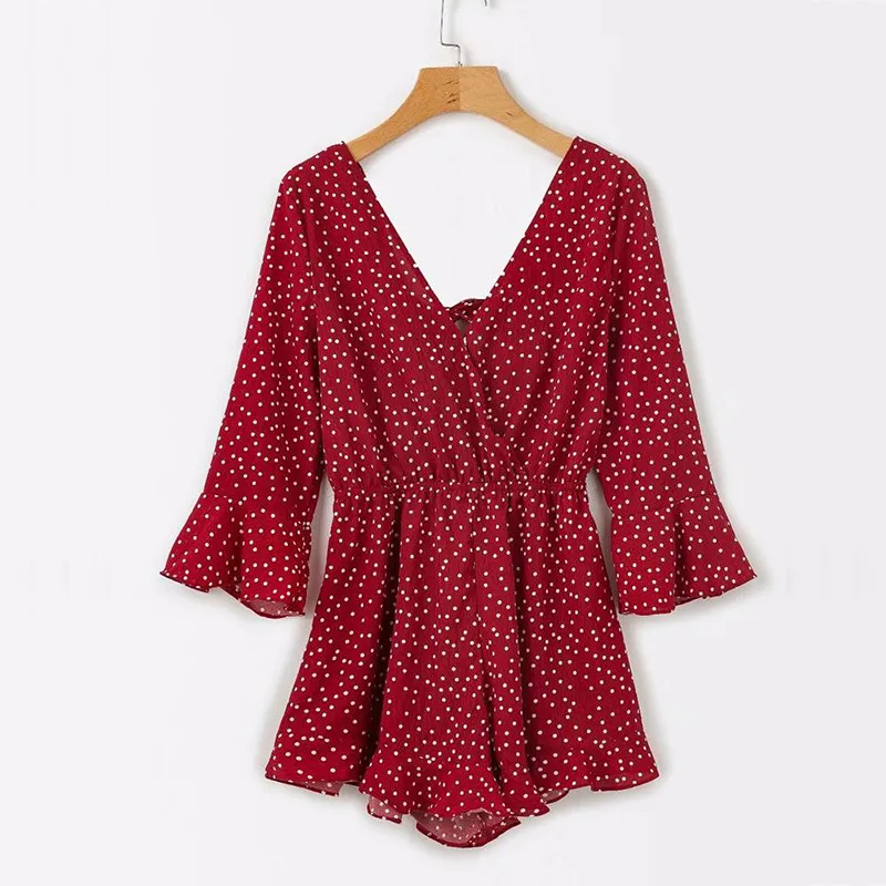 yinlinhe Red Polka Dot Playsuit Women Long Sleeve V neck Sexy Short Jumpsuit Summer Backless Lace Up Bow Boho Elegant Romper 10