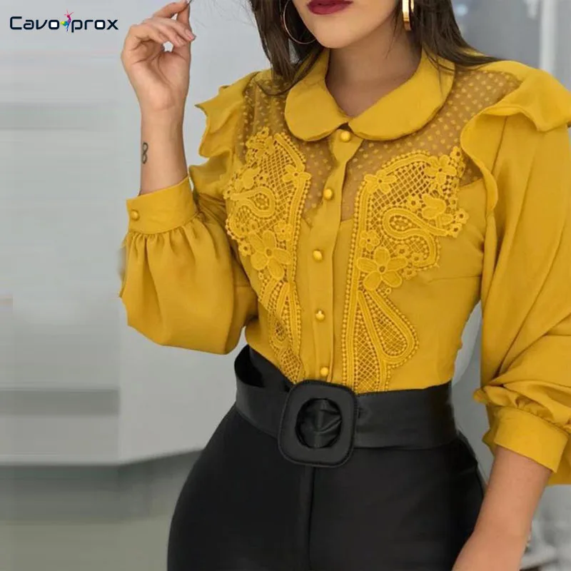 

Women Peter Pan Collar Mesh Lace Insert Blouse Long Sleeve Chiffon Button Down Elegant Spring Fall Korean Top Shirt