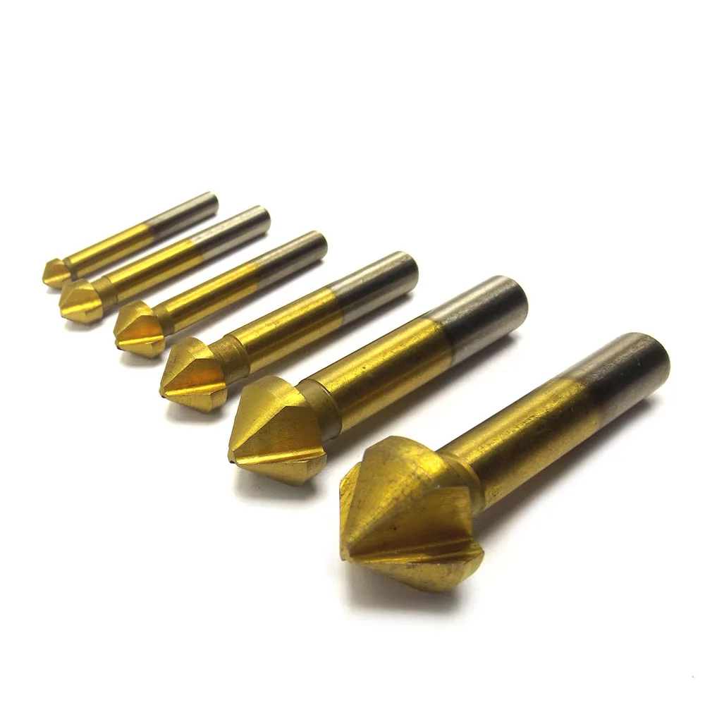Brand 6pcs/Set 3 Flute HSS Hard Metals Titanium Three Edge Chamfer Chamfering End Mill Cutter Bit Countersink Set Drill Bit Brand 6pcs/Set 3 Flute HSS Hard Metals Titanium Three Edge Chamfer Chamfering End Mill Cutter Bit Countersink Set Drill Bit