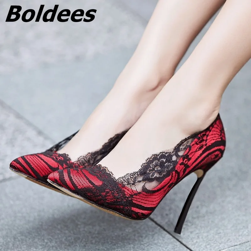 Boldees Women Sexy Lace Heels Pointed Toe Red Black High Heel Pumps Slip-on Wedding Dress Shoes Thin Heels Night Club Shoes