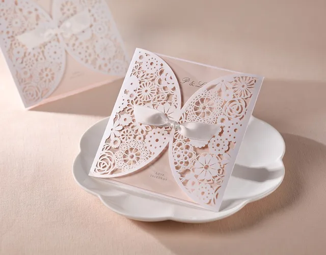 gorgeous vintage lace flower cutout wedding invitations cards with
