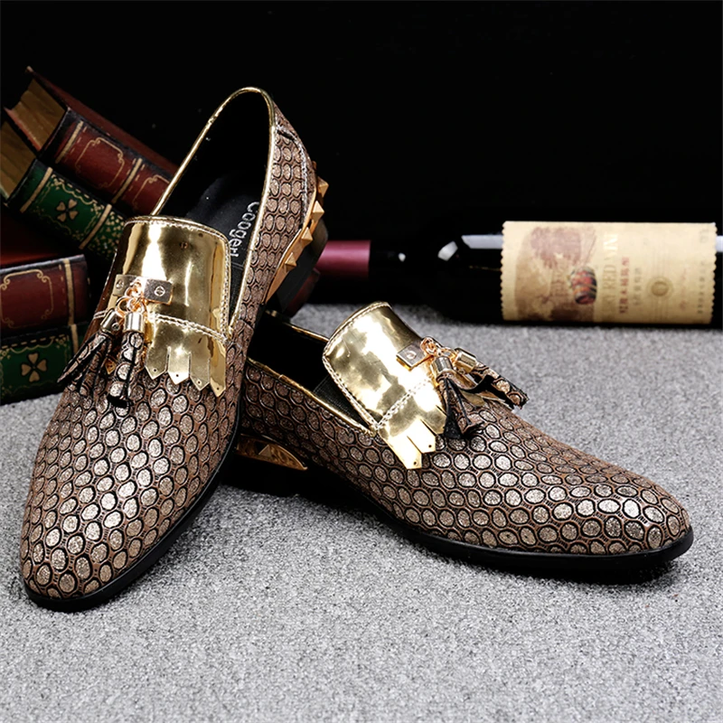 

Golden party men wedding shoes mens red bottom loafers
