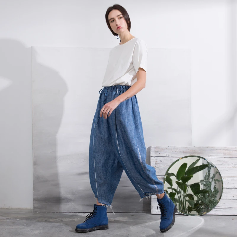 Femmes Rayé Lâche Bleu Taille Arrivée Vintage 2018 Casual Recadrée Réglable D'été Pantalon Côté Nouvelle Denim Linge 46w0qSw
