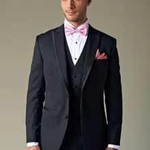 На заказ черный жених мужской смокинг костюмы с черным жилет, на заказ черный смокинг, с учетом 2 кнопки пик нагрудные мужские костюмы