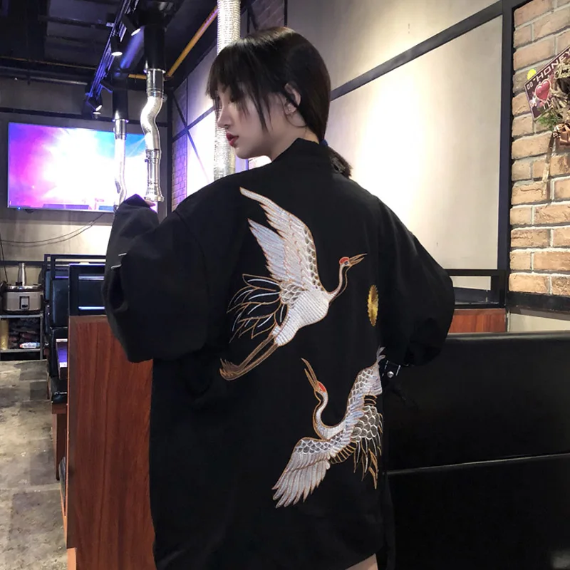 

Harajuku Japanese Kimono Chic Traditional Cardigan Yukata BF Style Embroidered Crane Jacket Polyester Japanese Quality Tops