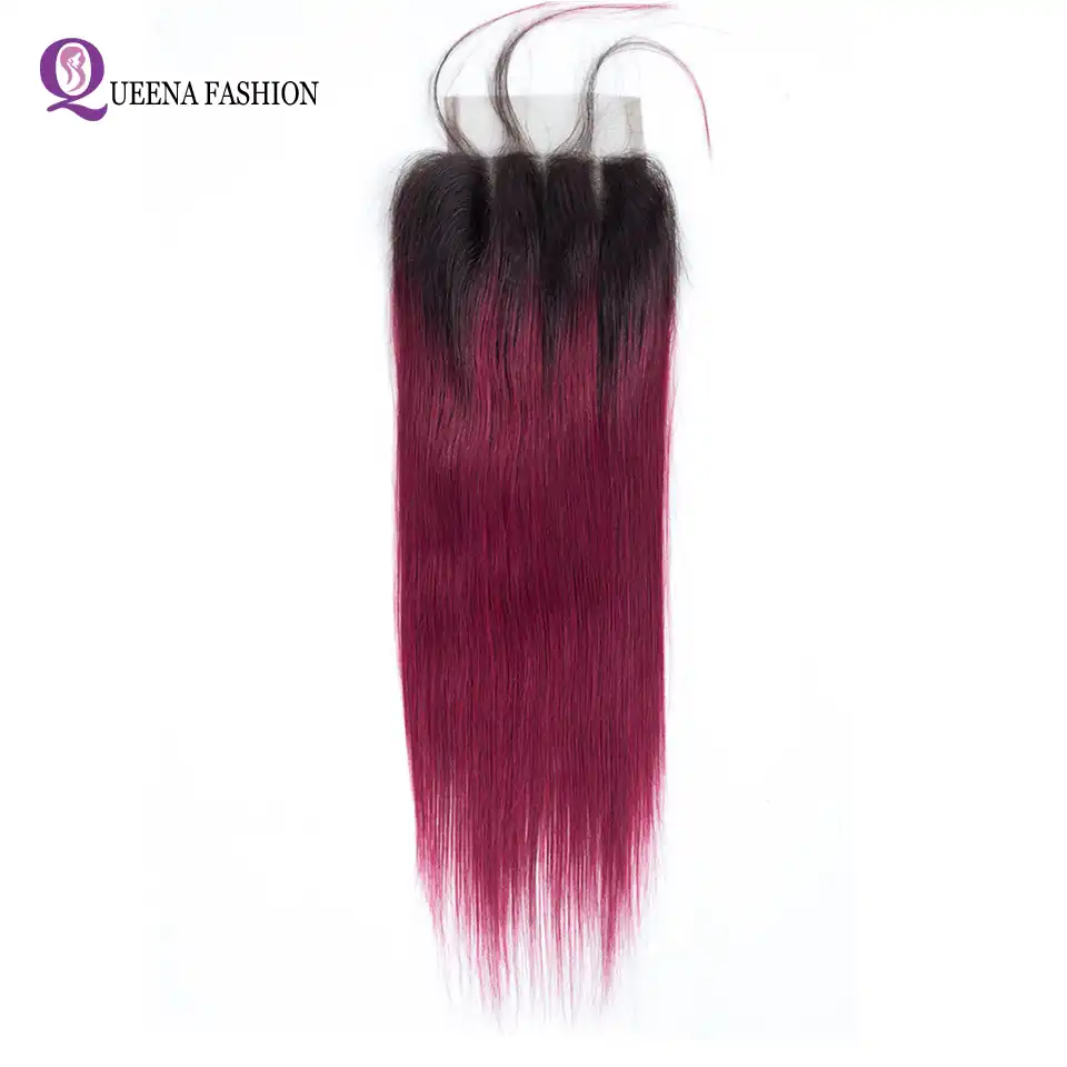 T1b Burgundy Ombre Brazilian Straight Closure Pre Plucked Human