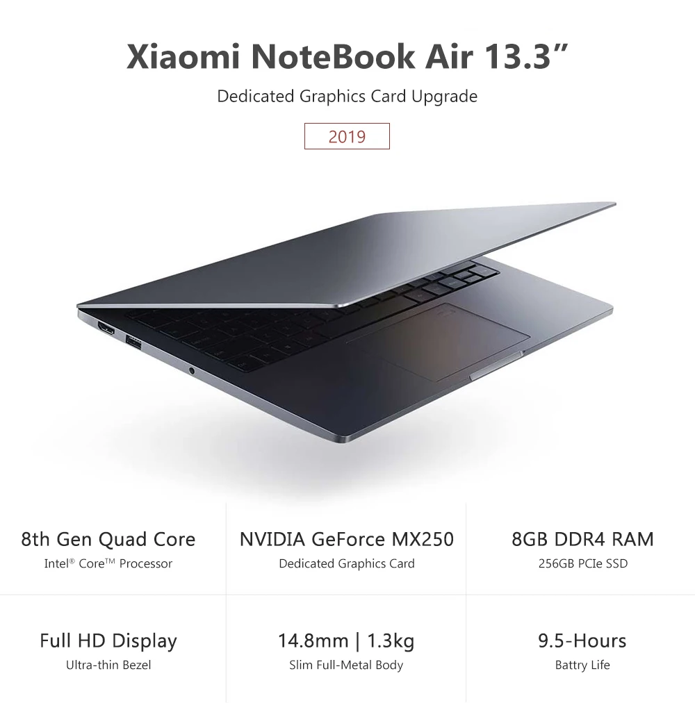 2019 Xiaomi Mi ноутбук Air 13,3 "Ультра-тонкий Intel 8th 4 ядра i5/i7 8 Гб GeForce MX250 256G SSD распознавать отпечатки пальцев на ПК