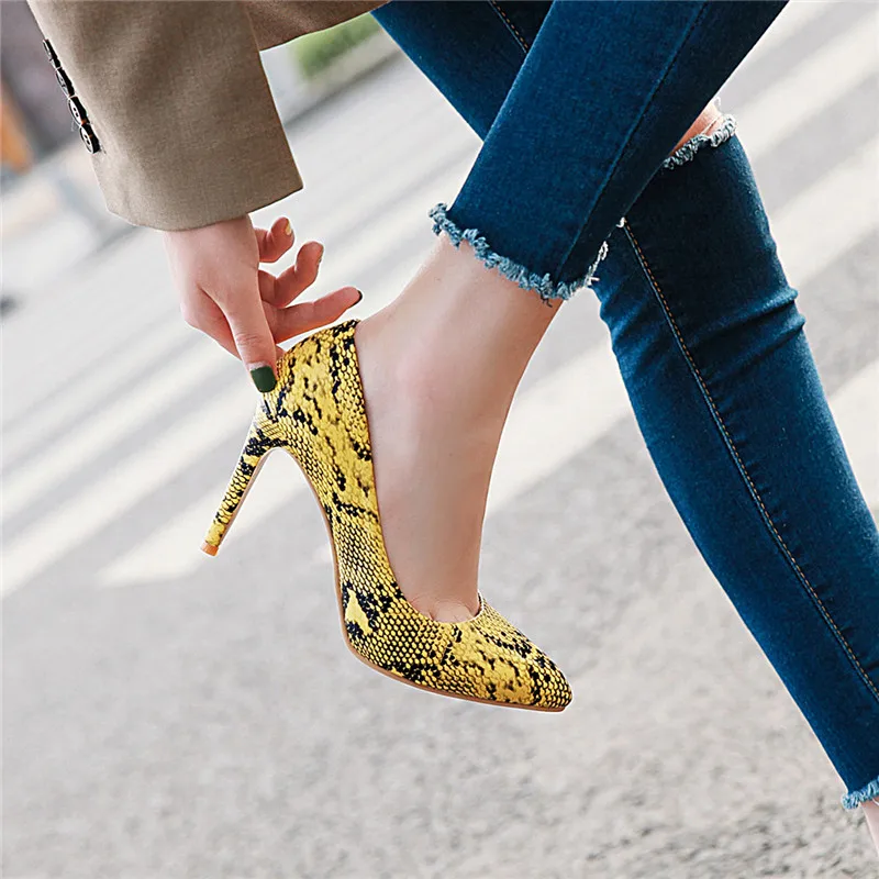 

YMECHIC Summer 2019 Snakeskin Stripe Design Yellow Pink Red Shallow Stiletto Womens Shoes Sexy Thin High Heels Pointed Toe Pumps
