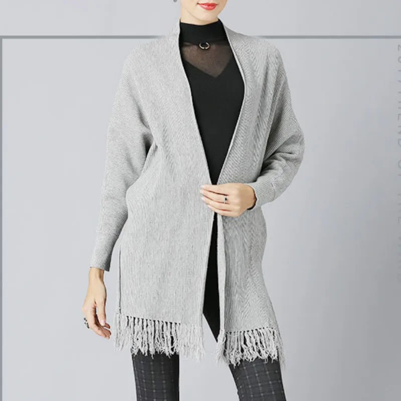 Новый 2019 Осень Женская мода Черный Белый кисточкой кардиган свободные длинный свитер кисточкой
