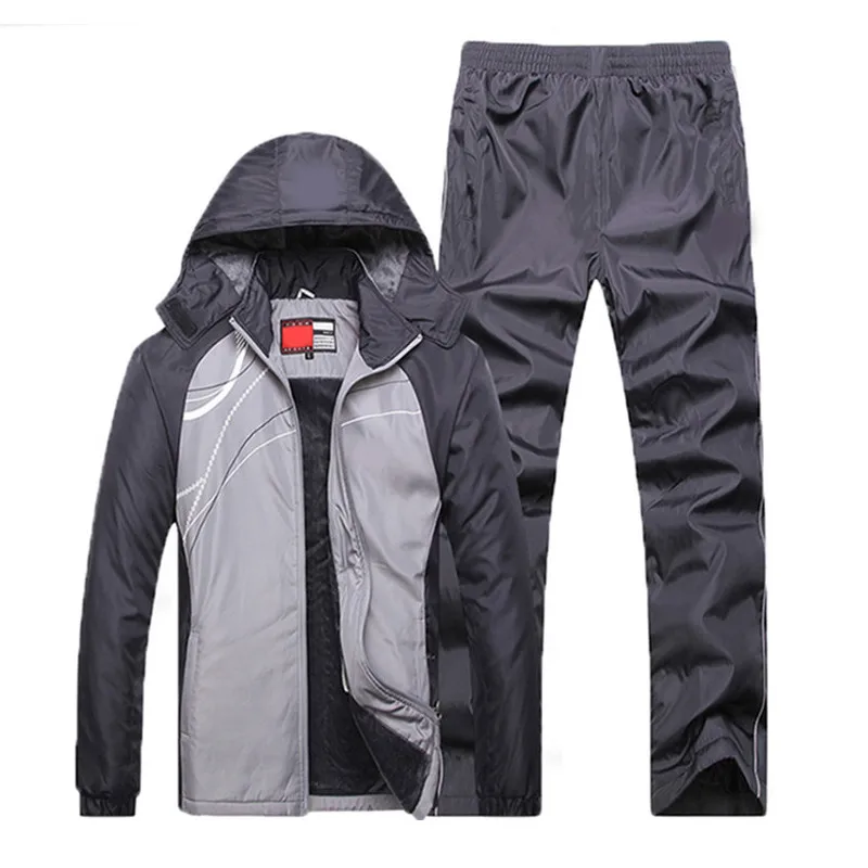 YIHUAHOO спортивный костюм для мужчин, флисовая Меховая зимняя куртка+ штаны, комплект одежды из двух предметов, спортивная одежда с капюшоном, спортивные штаны, спортивный костюм для мужчин MS-2233 - Цвет: Серый