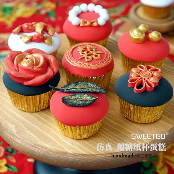 

Set of 8pcs Simulation Fondant Cupcake, Wedding Party Dessert Stand Decoration, Chinese Style Red Cupcake, Photography props~~~