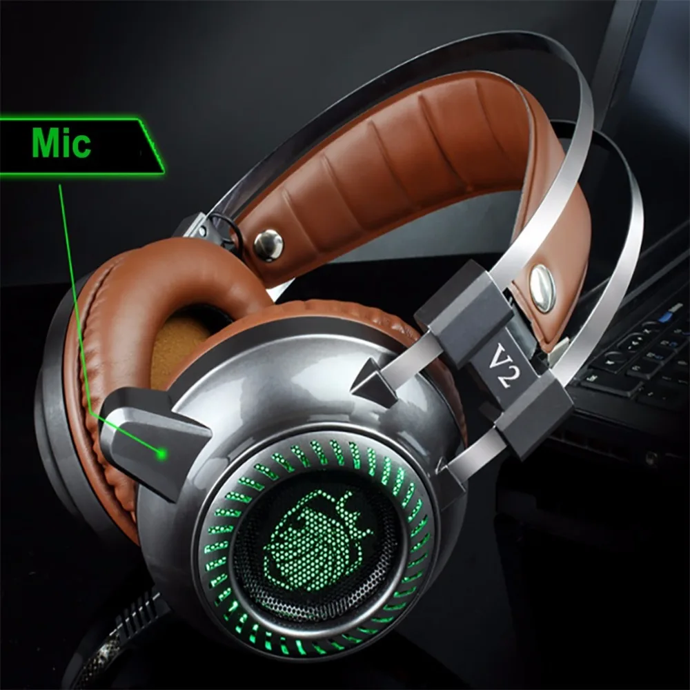 V2 стальная серия игровая гарнитура стерео наушники HiFi светящиеся с микрофоном