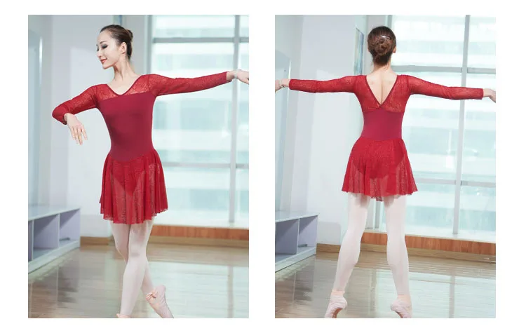Взрослых балерина с длинным рукавом Кружева балетное платье трико для танцевальной гимнастики костюм для Для женщин Одежда для танцев