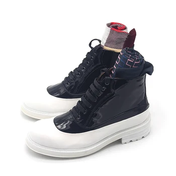 

New White Black Patent leather High top Martin Boots Lace up Fashion Hot High quality casual Mens Ankle Booties Shoes