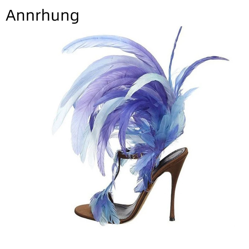 

Luxury Feather T-Strap Sandals Women Sexy Open Toe Thin High Heel Sandalias Mixed Color Feather Stiletto Stage Shoes Woman