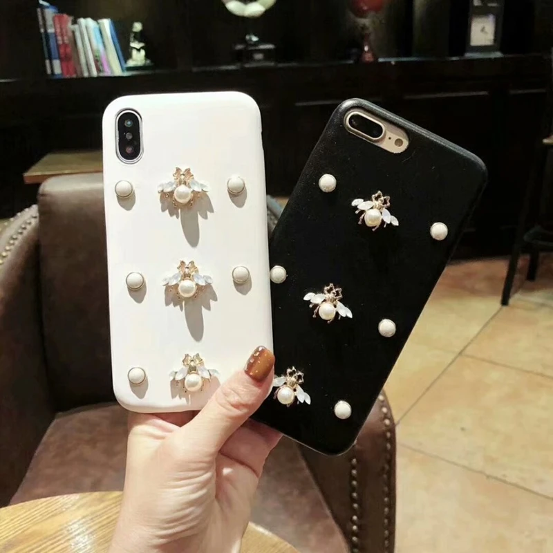 Aoweziic  luxury PC 3D bee pearl decorative design For iphone X XR XS MAX 6 6S 7Plus 7 8Plus Female extravagant rear cover case