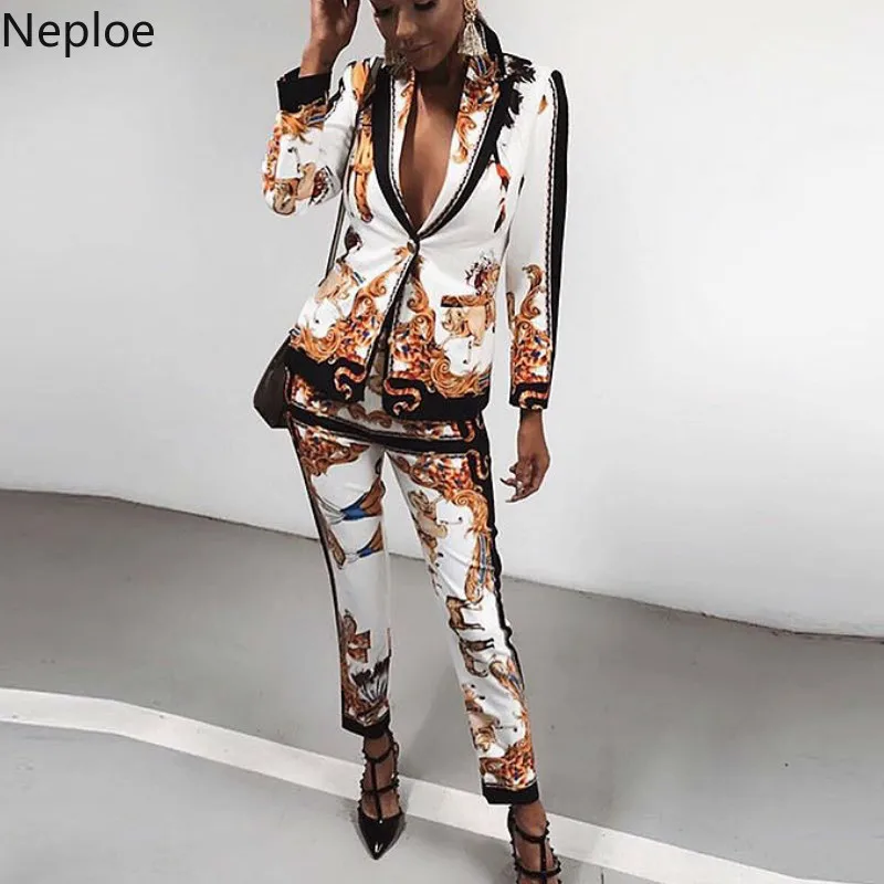 

Neploe Fashion Two Pieces Painting Print Vintage Blazer+Pants 2019 Spring Autumn New Fashion Modis Women Full Length Suits 42748
