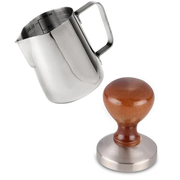 

58Mm Espresso Coffee Tamper With 12 Oz Frothing Pitcher Barista Style American Flat Base Wood Handle Solid Heavy Stainless Ste