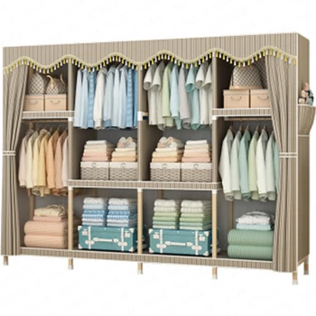 

Simple Modern Cloth Wardrobe Assembly Wardrobe Solid Wood Double Wardrobe Storage Bold Reinforcement Fabric Steel Frame