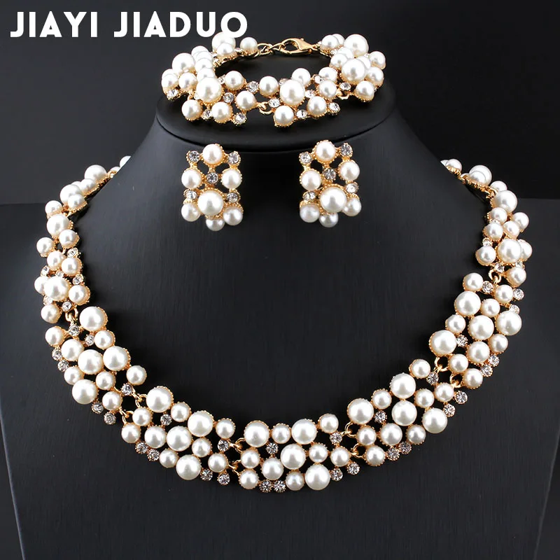 

jiayijiaduo Wedding dress jewelry set Imitation pearl Necklace earrings Bracelet set For women Gold color party gift Christmas