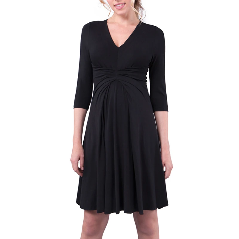 V Neck Tencel Maternity Dresses for Pregnancy Three Quarter A Line