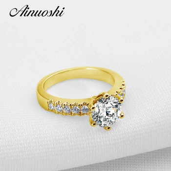 

AINUOSHI Luxury 14K 6 Claws Round Ring 14K Solid Yellow Gold Pave Setting Sona Diamond Wedding Promise Ring for Women Engagement