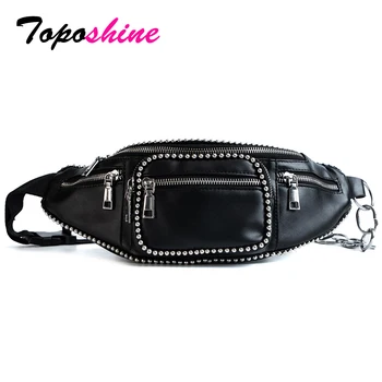 

Toposhine Black PU Leather Waist Bag For Women 2018 Cool Rivets Decorate Girl Shoulder Bag Small Pack Quality Female Waist Bags