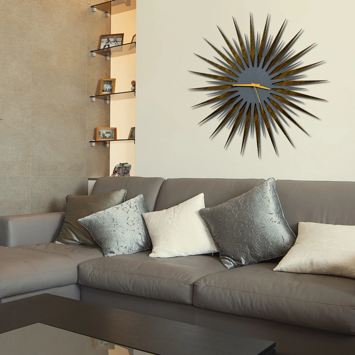 Atomic Era Clock - Walnut Grey/Orange - Midcentury Modern Starburst Clock - 23W x 23H (1)