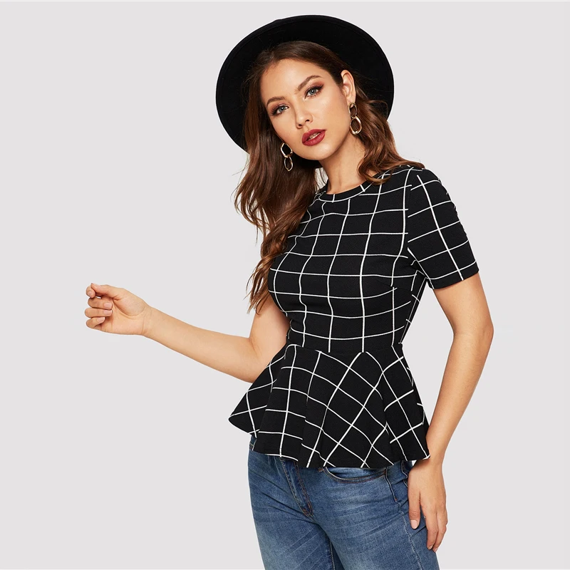 SHEIN Grid Print Peplum Hem Slim Fitted Blouse Women Summer Short Sleeve Workwear Office Lady Elegant Plaid Top Blouses