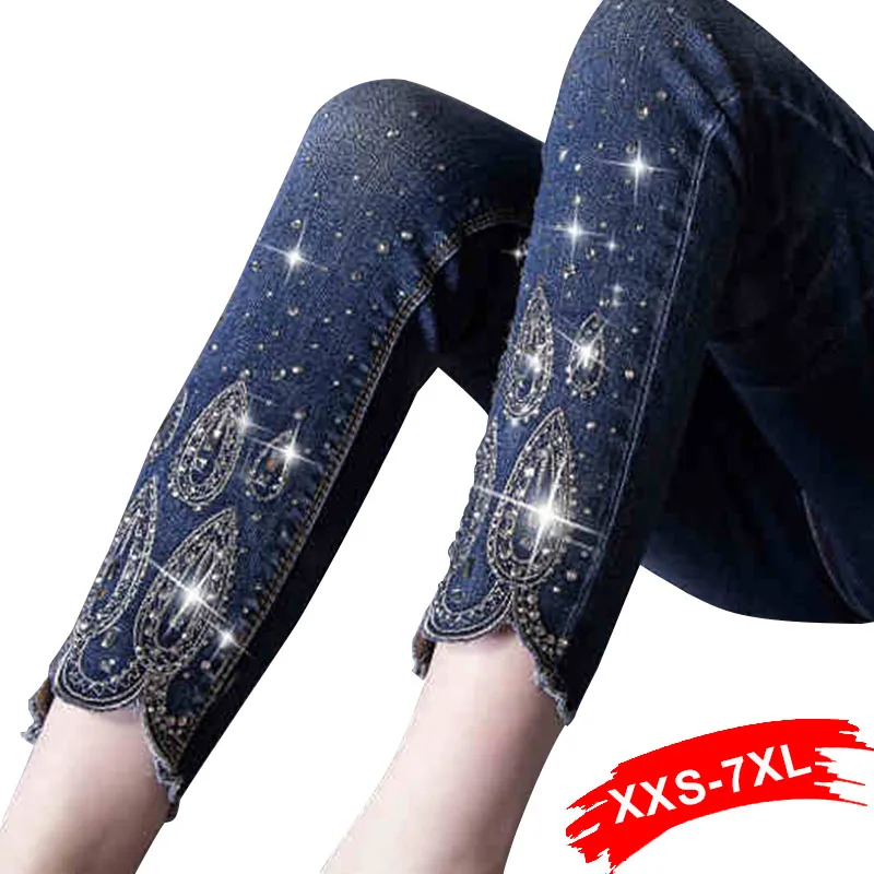 

Spring Plus Size Rhinestone 4XL 5XL 6XL Nine Jeans Nine Pencil Female Oversized Stretch Pants Slim Fit Trousers