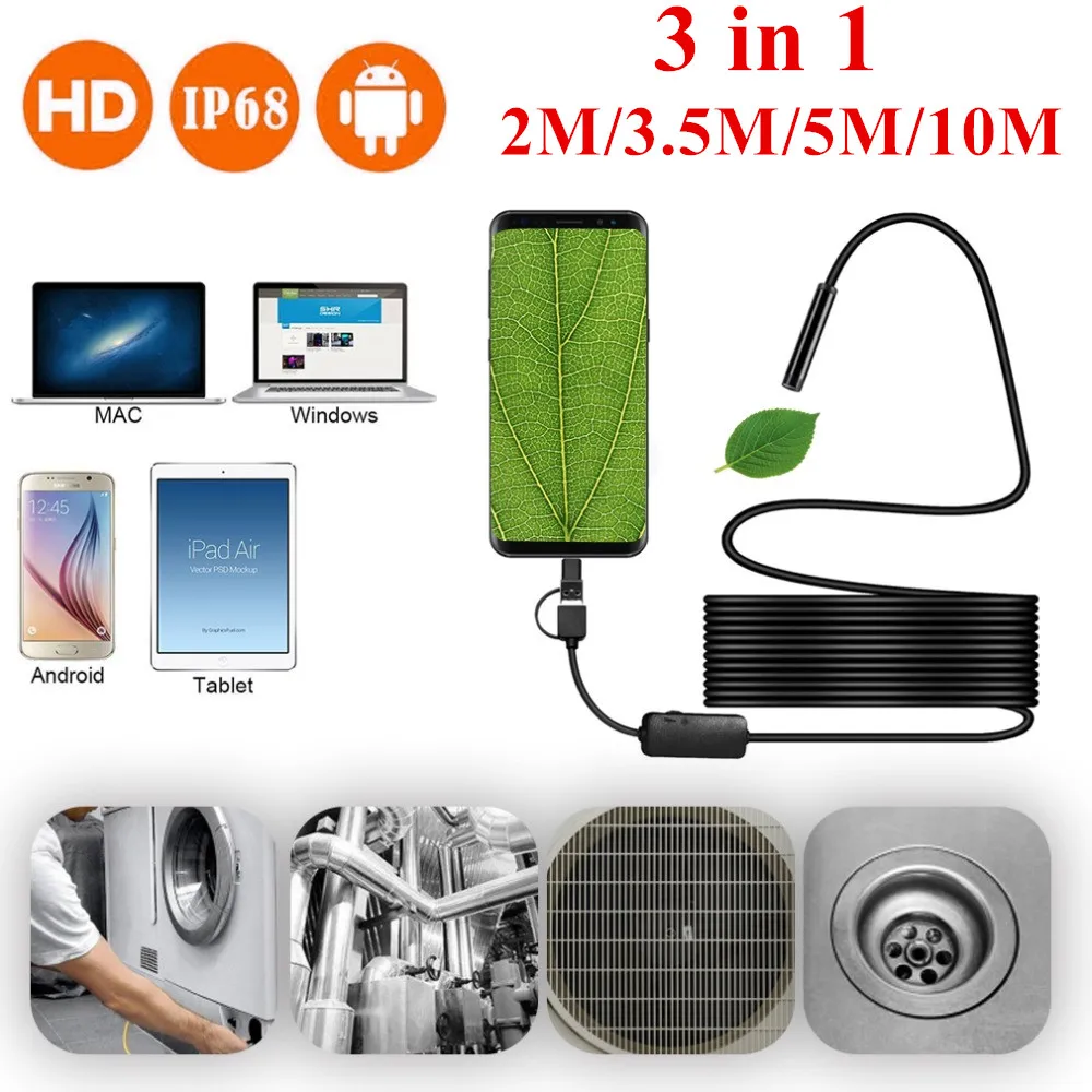 

Inspection Borescope Camera 8mm Waterproof IP68 2M 3.5M 5M 10M Cable 1200P HD 3-in-1 Computer Endoscope Borescope Tube 8 LEDs