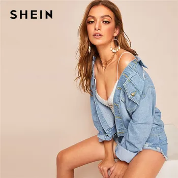 

SHEIN Ripped Faded Wash Stitch Detail Jeans Jacket Women Casual Single Breasted Denim Jacket Blue Loose Ladies Korean Jacket