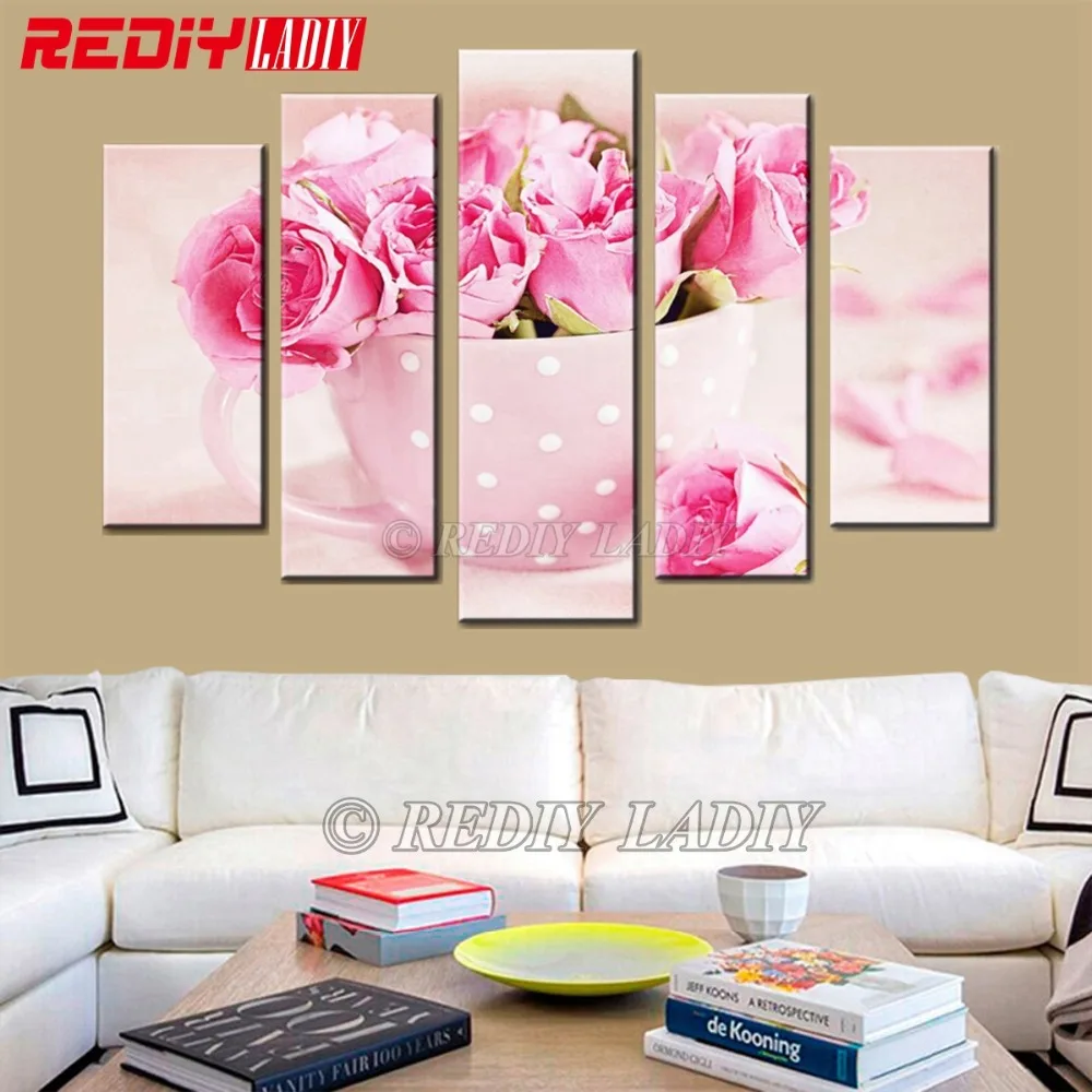 

DIY Diamond Painting Triptych 5D Diamond Mosaic Cup of Roses 5 Panels Modular Picture Wall Art Rhinestones Cross Stitch Crafts