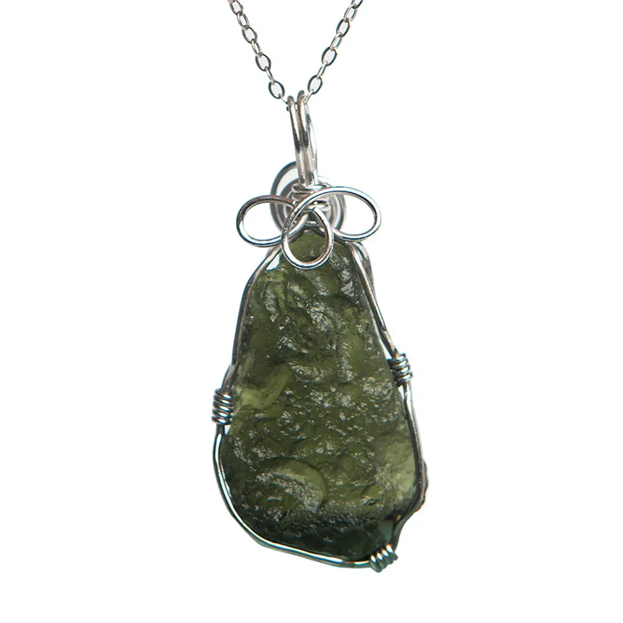 

925 Sterling Silver Fine Jewelry Necklace Pendants Genuine Green Gemstone Natural Moldavite Pendant 32*20*8mm