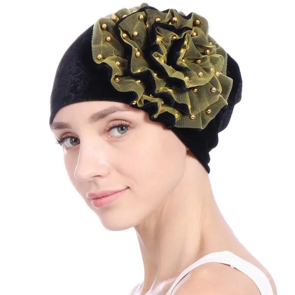 WELROG новая чалма шляпа Индия шапка мусульманские шляпы кепка chemo сетчатая шляпка с цветком шапочка для женщин осень имитация жемчуга выпадение волос шляпа - Цвет: black yellow
