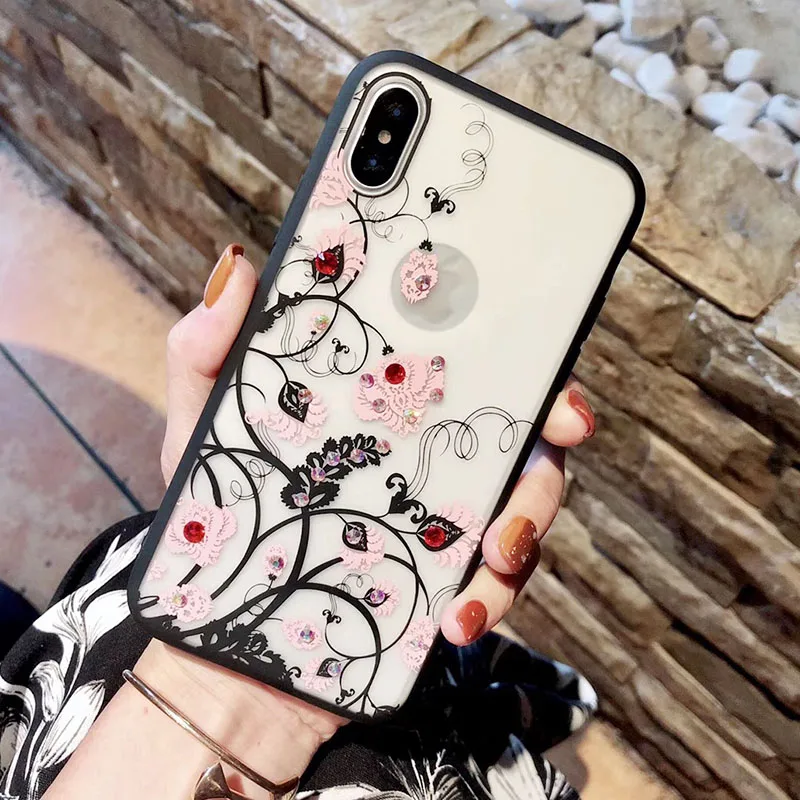Sexy Lace Floral Diamond Case For iPhone X XR XS Max 8 7 6 6S Plus Soft Silicone Hard PC Retro Flowers Cases Cover Coque Shell (6)