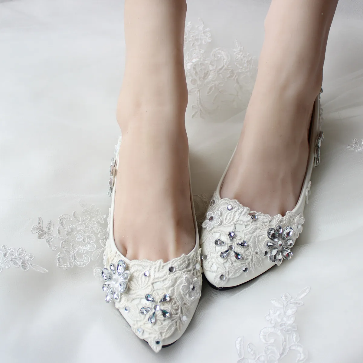 White Rhinestone Crystal Sexy Lace Wedding Shoes Handmade Wedding Shoes ...