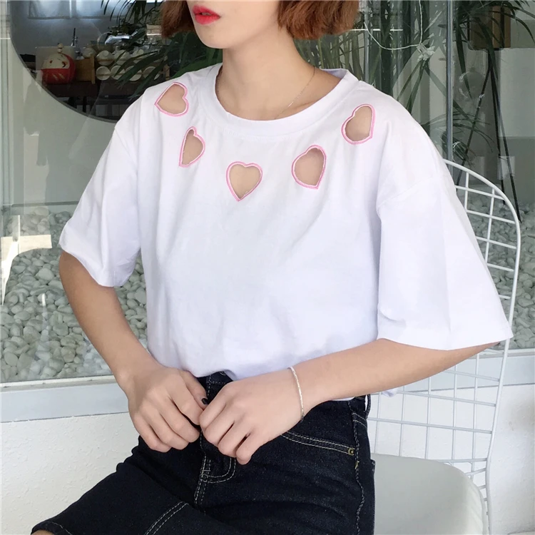 Японский Harajuku вышивка любовь футболка для женщин Ulzzang хлопок печати дамы топы женские Kawaii одежда футболки для женщин