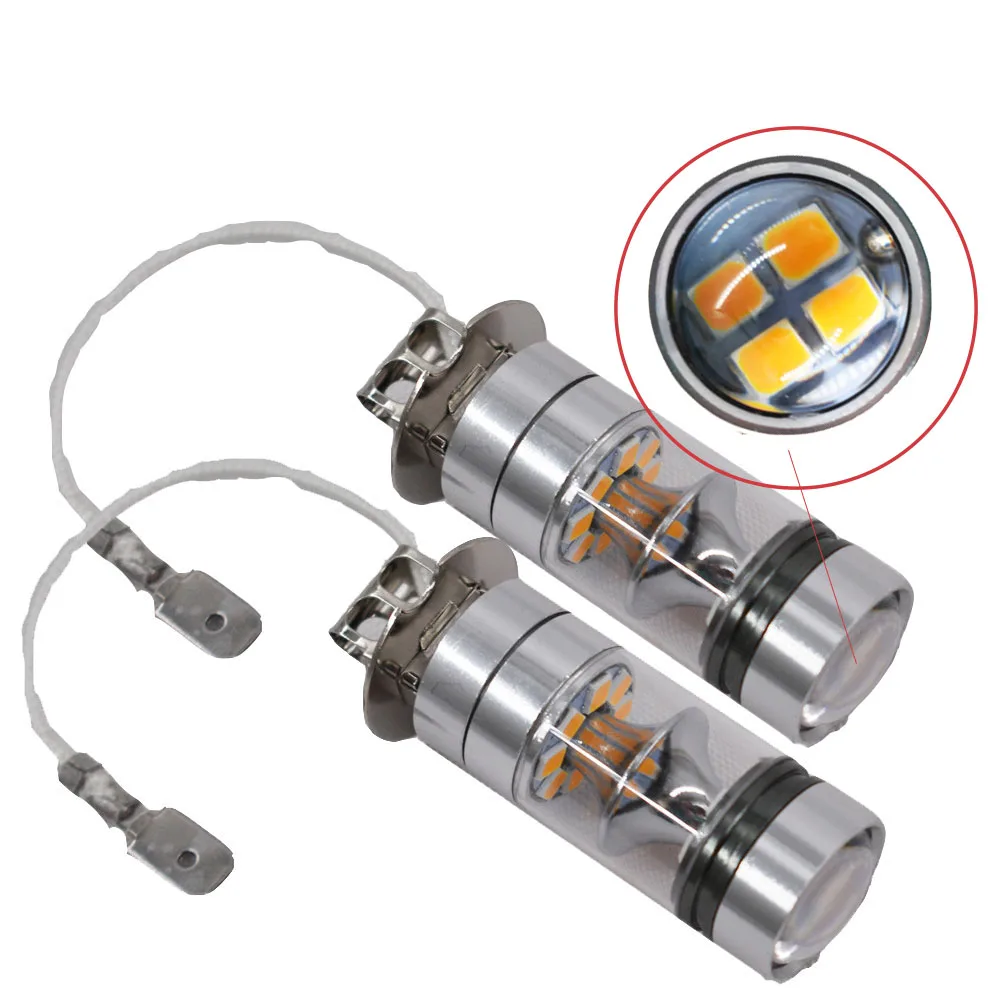 

2x H3 100W High Power 2835 20SMD LED Amber Yellow Fog Driving DRL Light Bulbs
