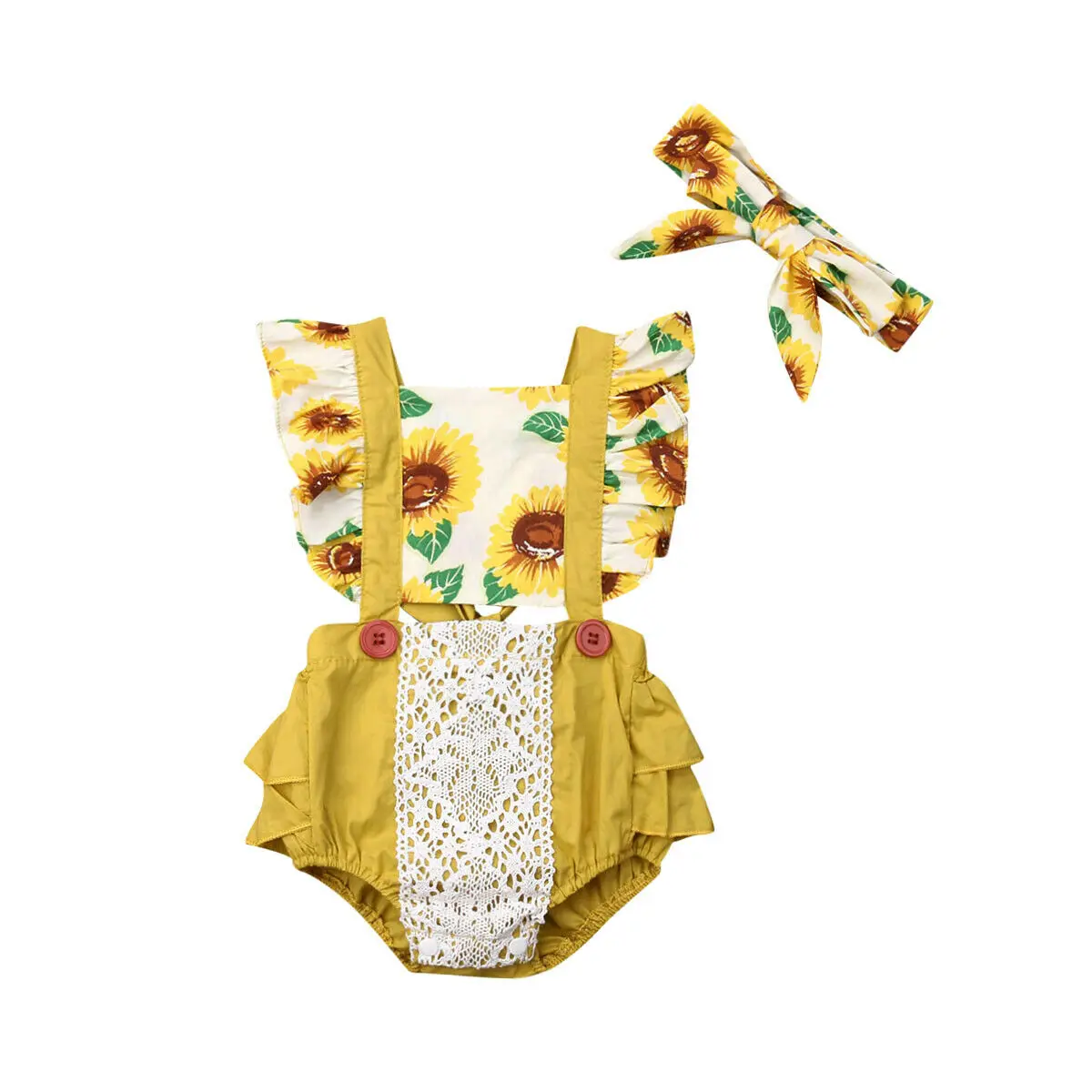 Infant Kid Baby Girls Sunflower Romper Headband Sunsuit Outfit Summer