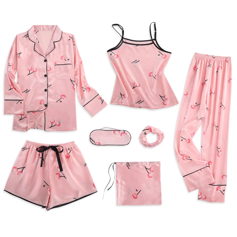 Pink Women's 7 Pieces Pajamas Sets Emulation Silk Striped Pajamas Women Homewear - Цвет: 3