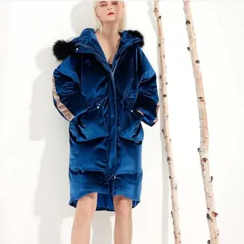 

Gold velvet loose big size parkas coats female long sleeve fur collar thicken coats winter new fashion brand outerwear gx1576