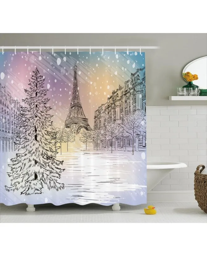 Eiffel Shower Curtain Winter Day At Paris Print For BathroomWaterproof And Fabric Washable Set